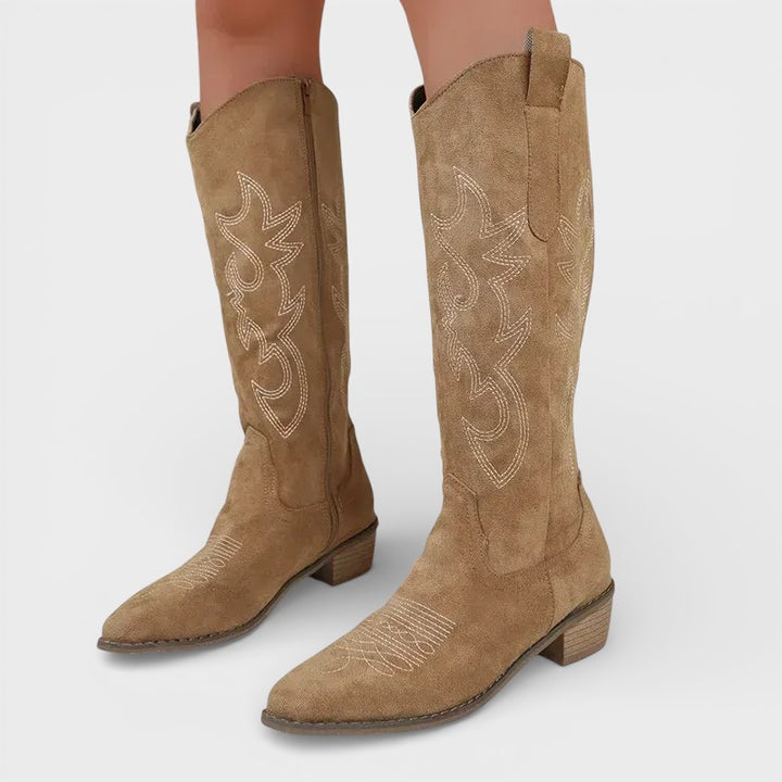 Botas Cowboy Altas Bordadas Tacón Mujer