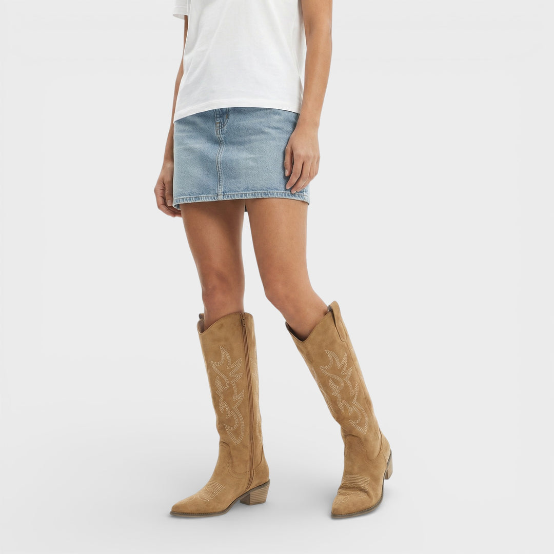 Botas Cowboy Altas Bordadas Tacón Mujer