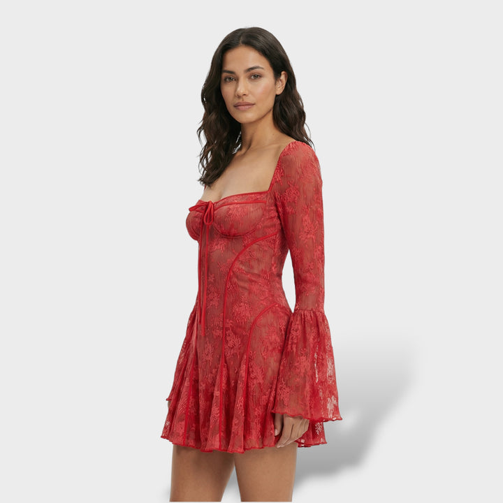 Vestido Mini De Encaje Fiesta Escote Cuadrado