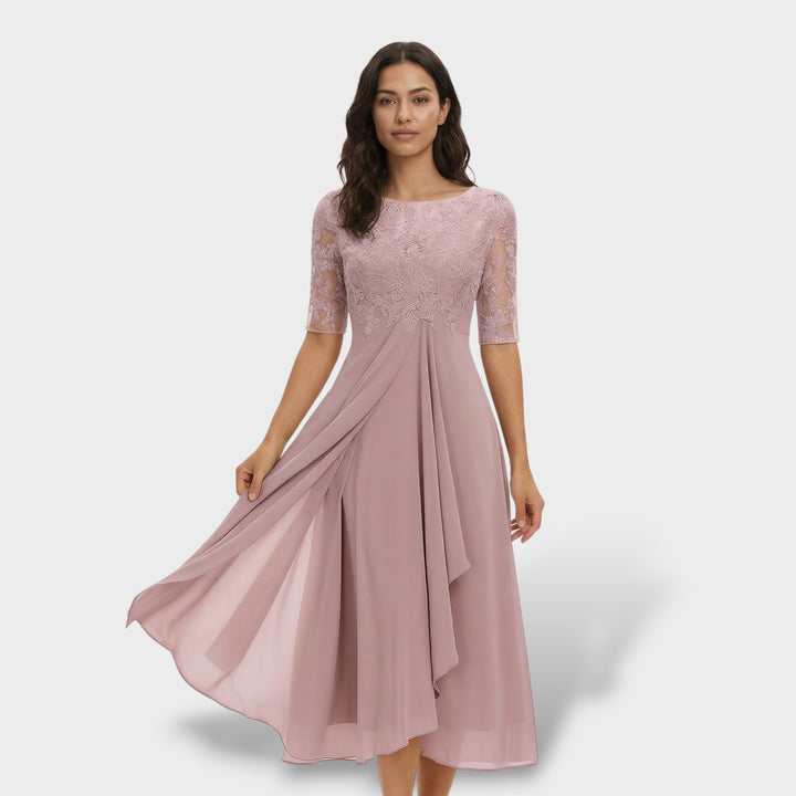 Vestido Fiesta Encaje Y Gasa Midi