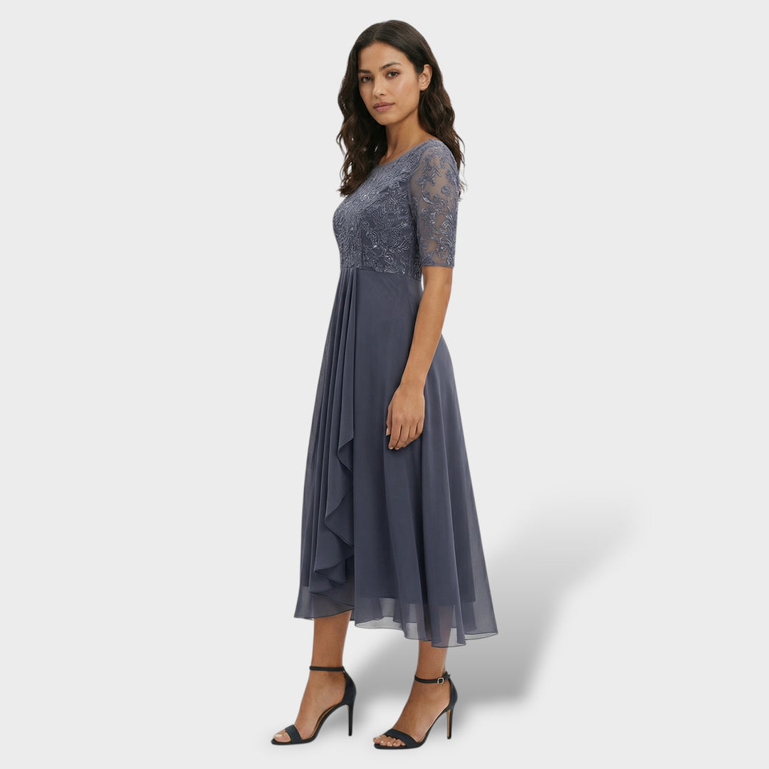 Vestido Fiesta Encaje Y Gasa Midi