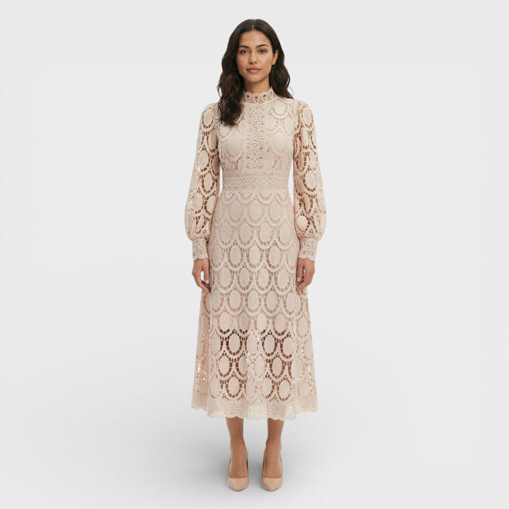 Vestido Midi Encaje Cuello Alto