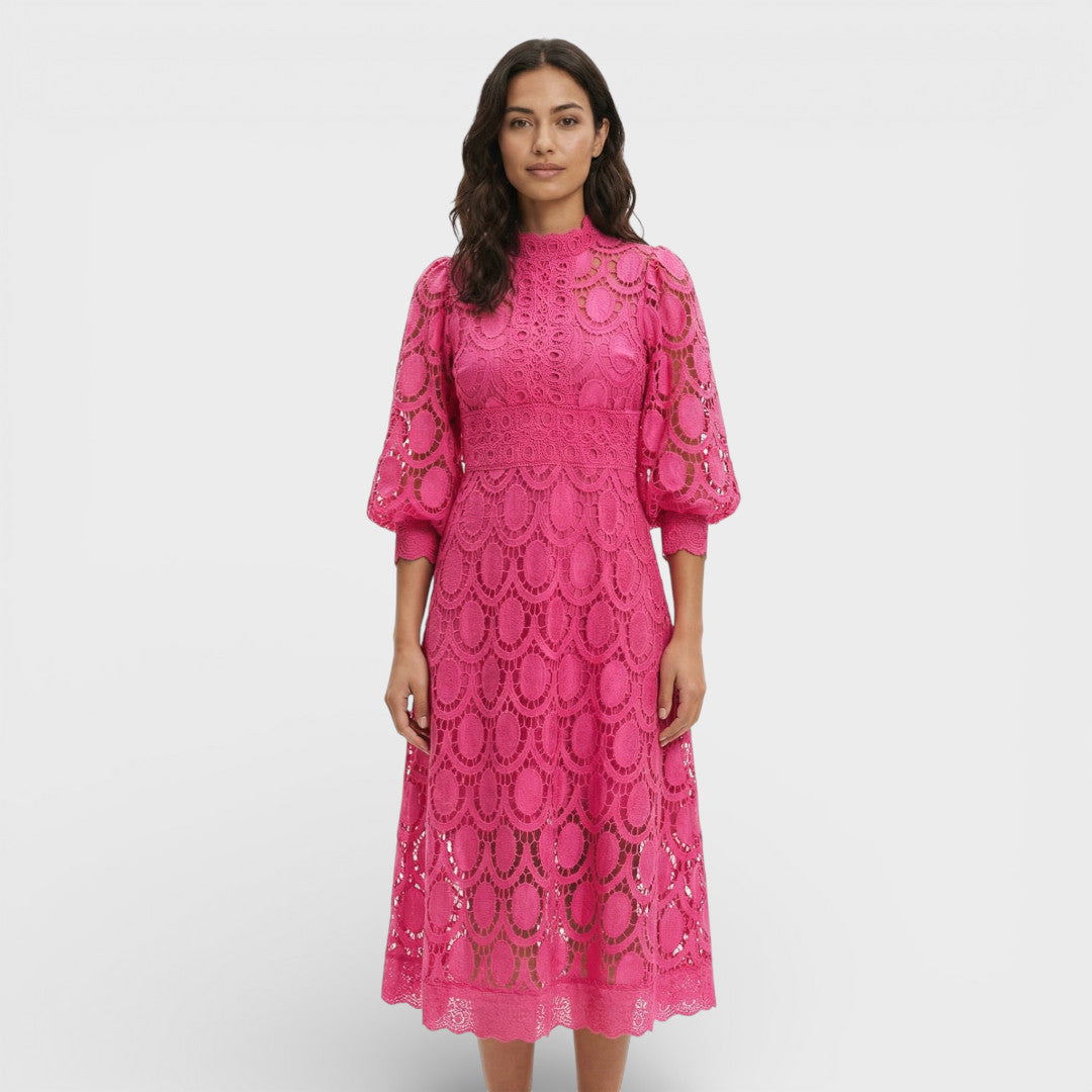 Vestido Midi Encaje Cuello Alto