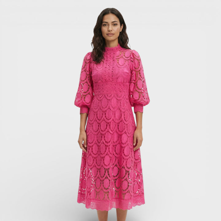 Vestido Midi Encaje Cuello Alto