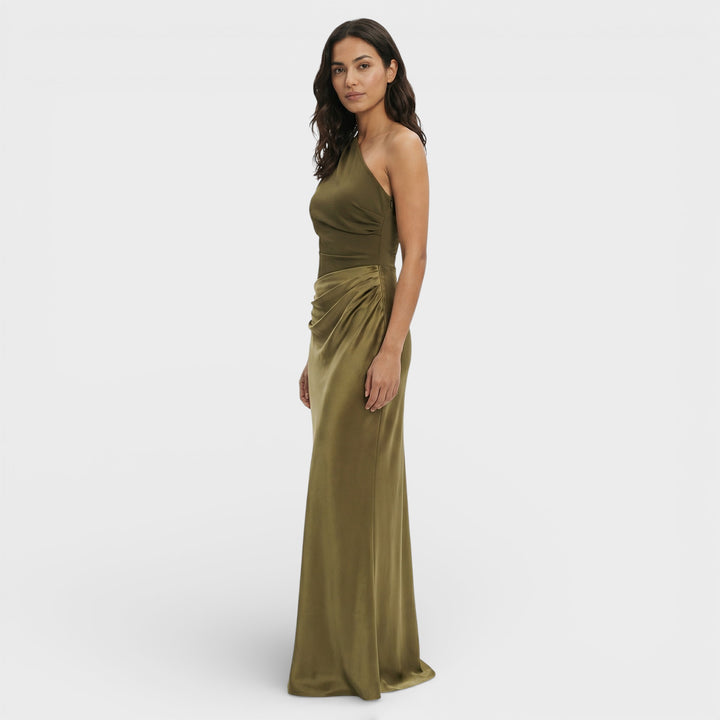 Vestido Maxi Satén Un Hombro