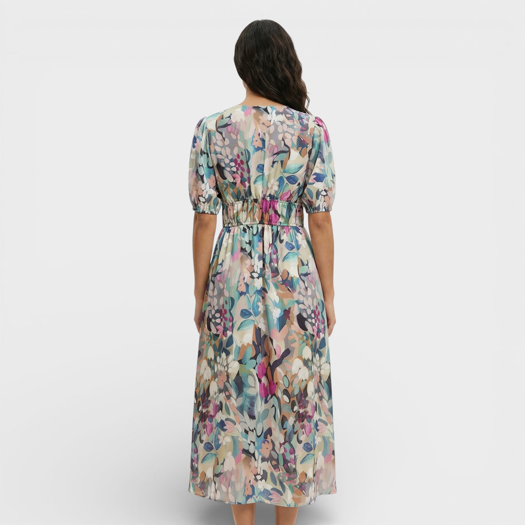 Vestido Midi Floral Mangas Abullonadas