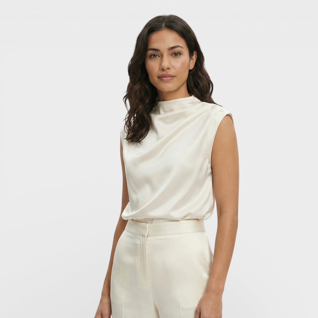 Blusa Satén Drapeada Cuello Mao