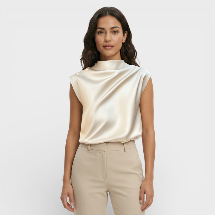 Blusa Satén Drapeada Cuello Mao