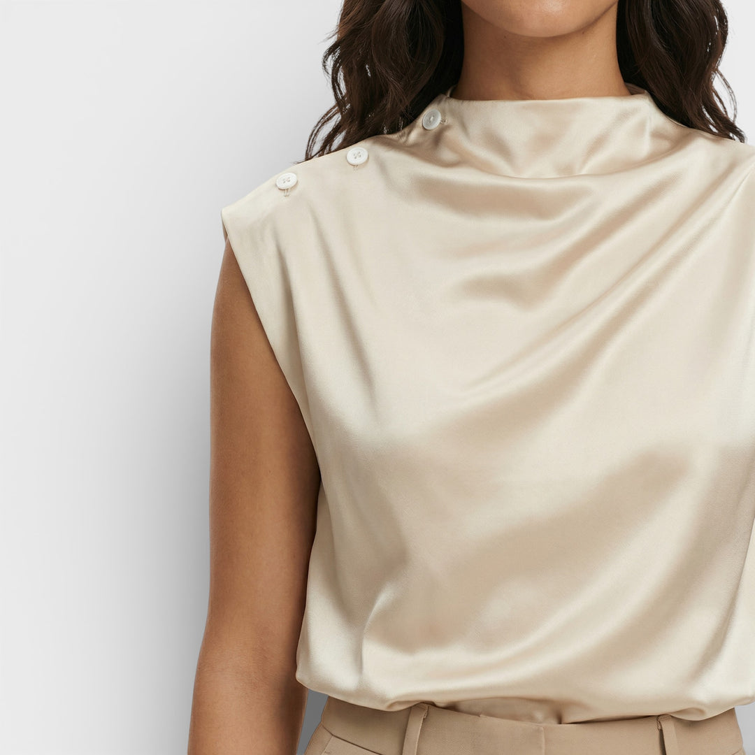 Blusa Satén Drapeada Cuello Mao