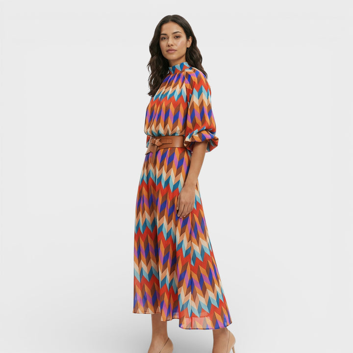 Vestido Midi Colorido Con Cinturón