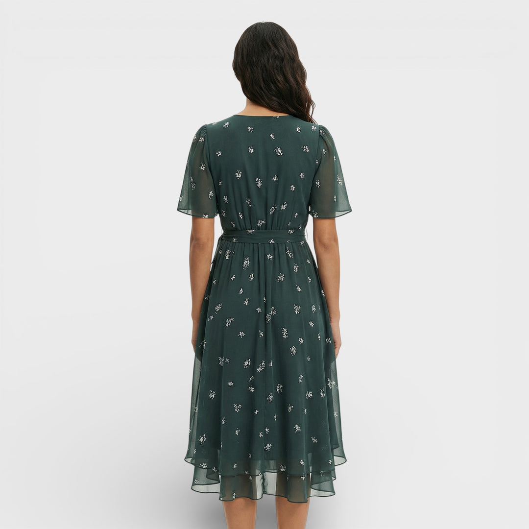 Vestido Midi Manga Corta Escote Pico