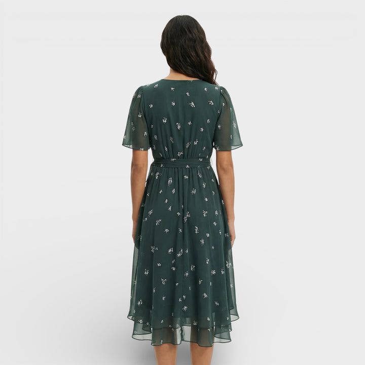 Vestido Midi Manga Corta Escote Pico