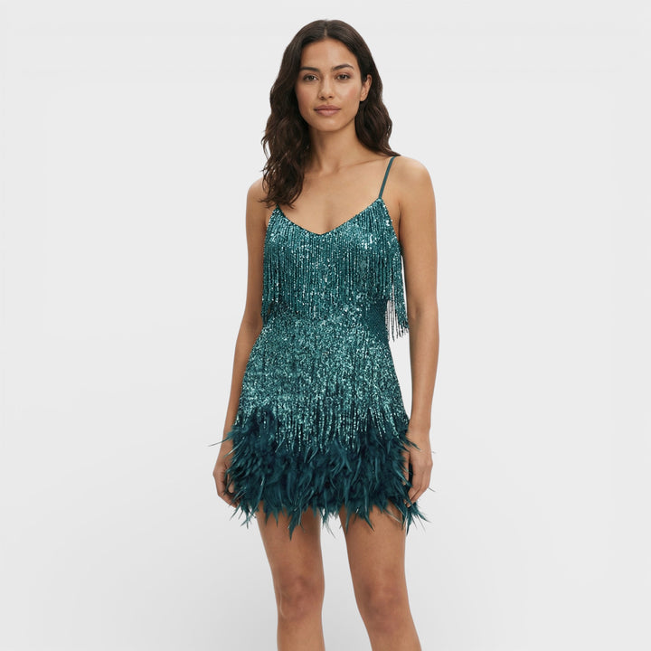 Vestido Mini Con Plumas Glamour