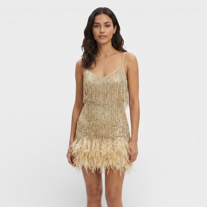 Vestido Mini Con Plumas Glamour