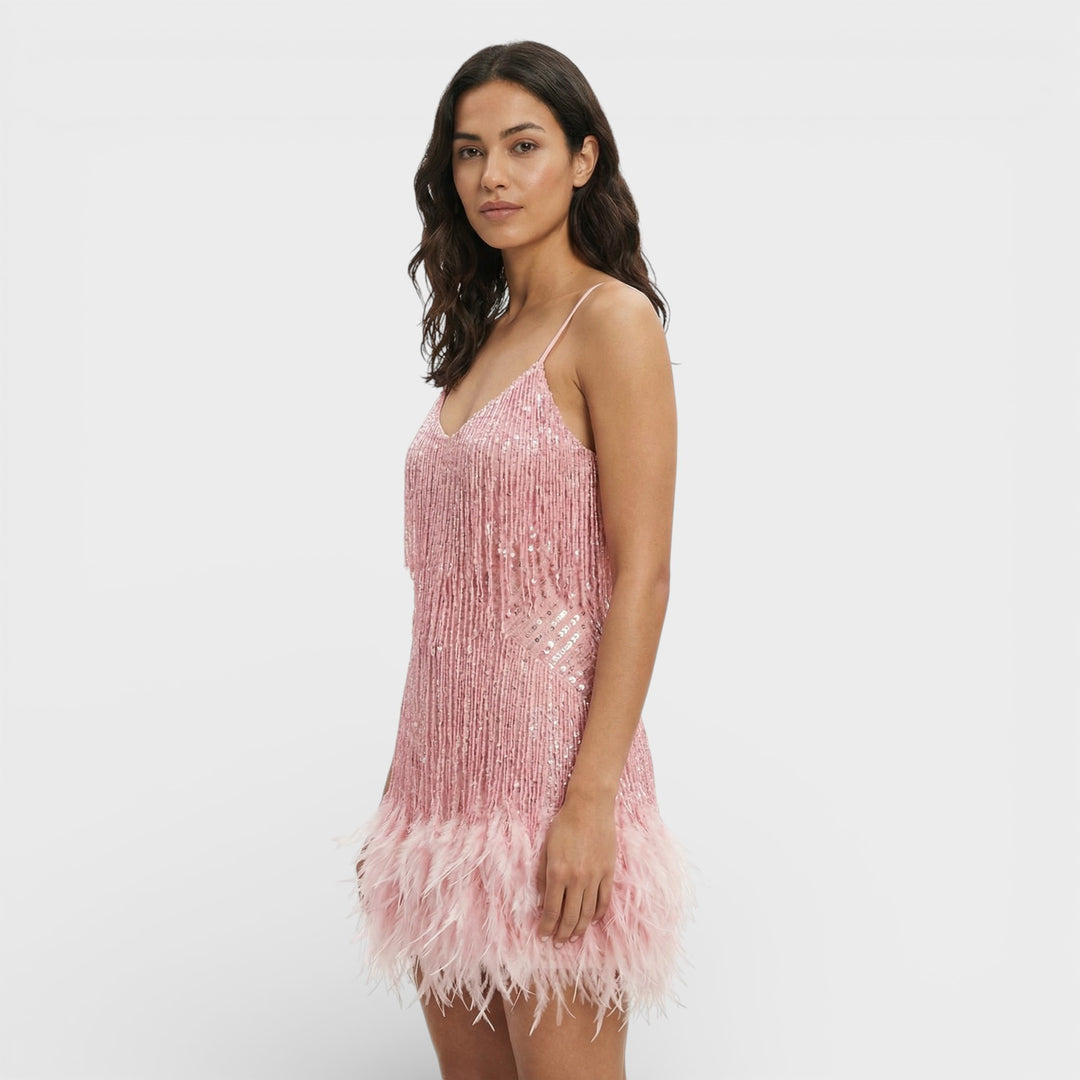 Vestido Mini Con Plumas Glamour