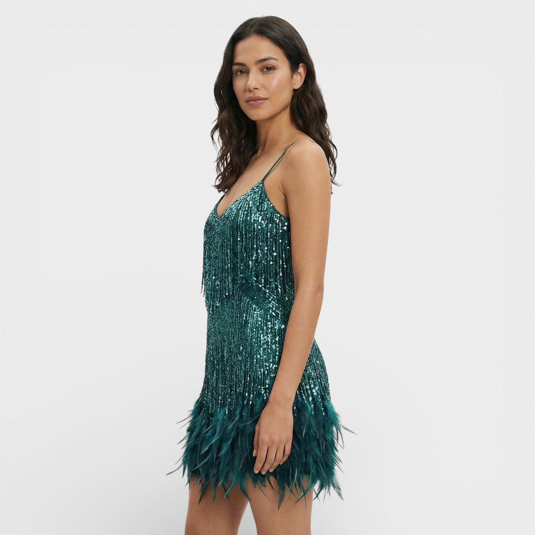 Vestido Mini Con Plumas Glamour