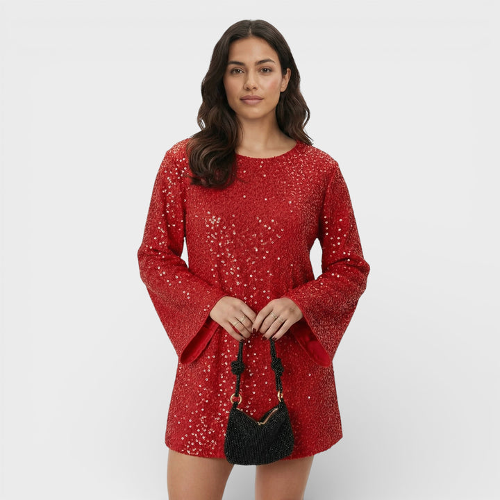 Vestido Mini Lentejuelas Lazo Satén