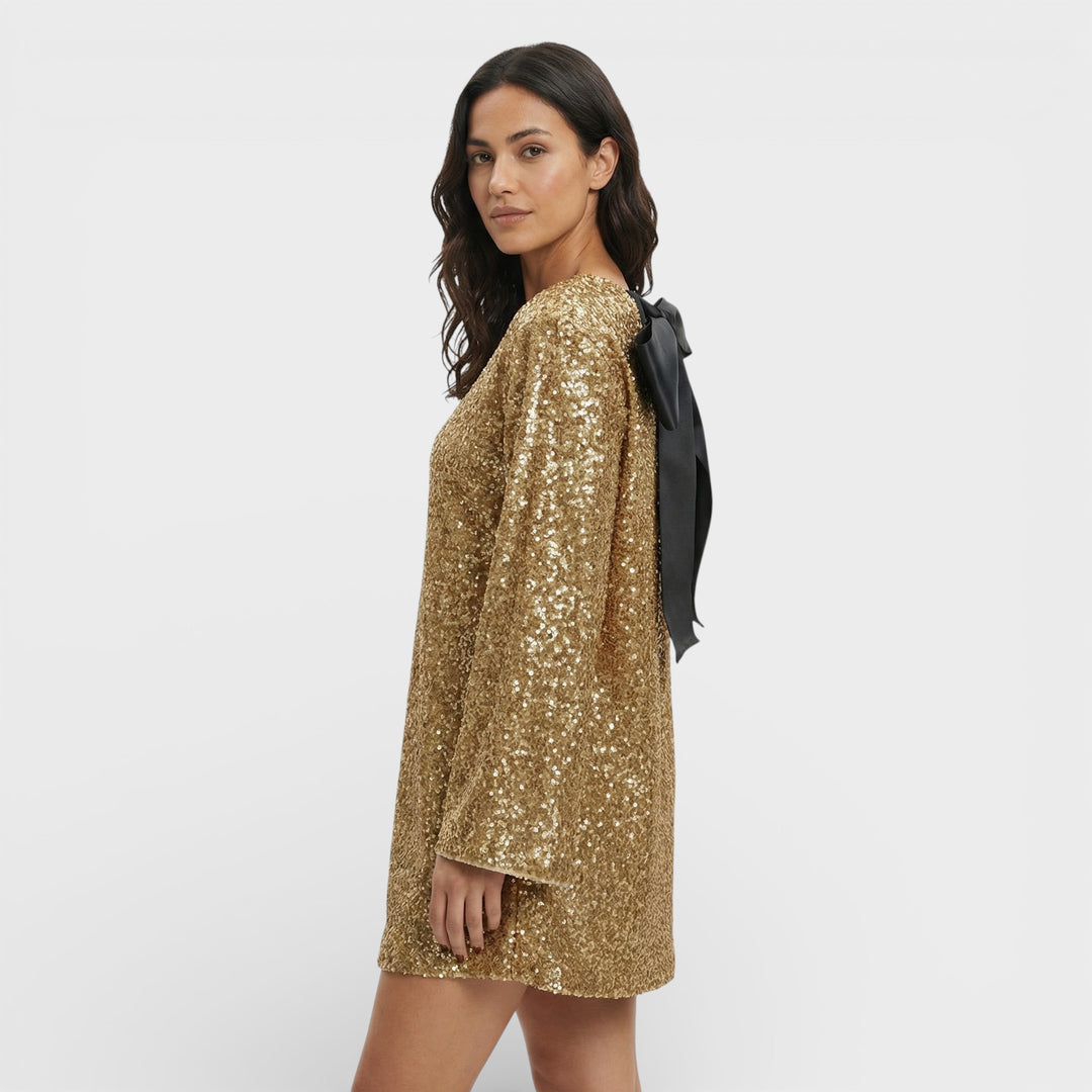 Vestido Mini Lentejuelas Lazo Satén