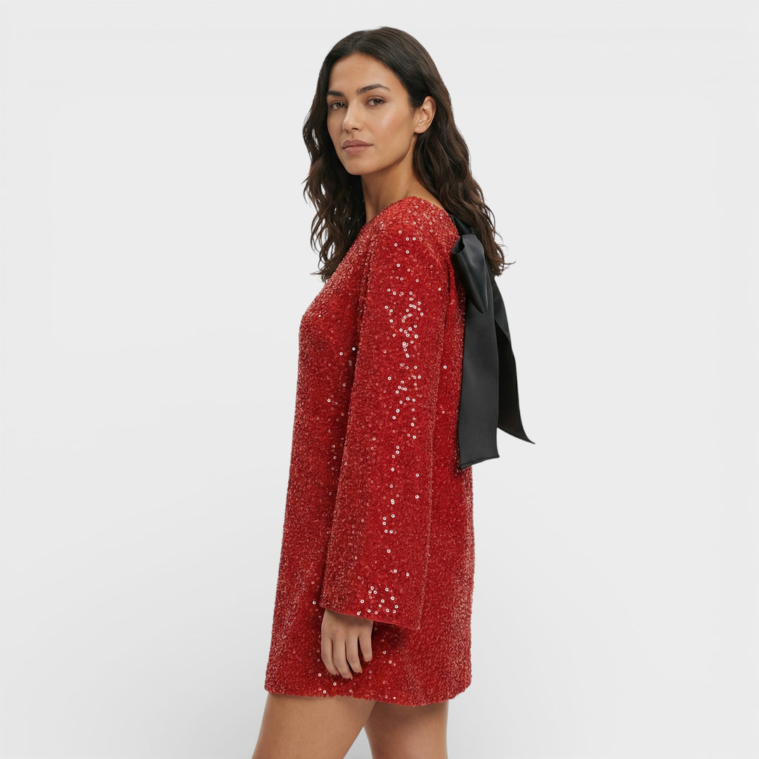 Vestido Mini Lentejuelas Lazo Satén