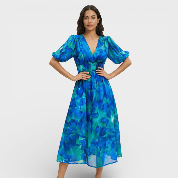 Vestido Midi Floral Mangas Abullonadas