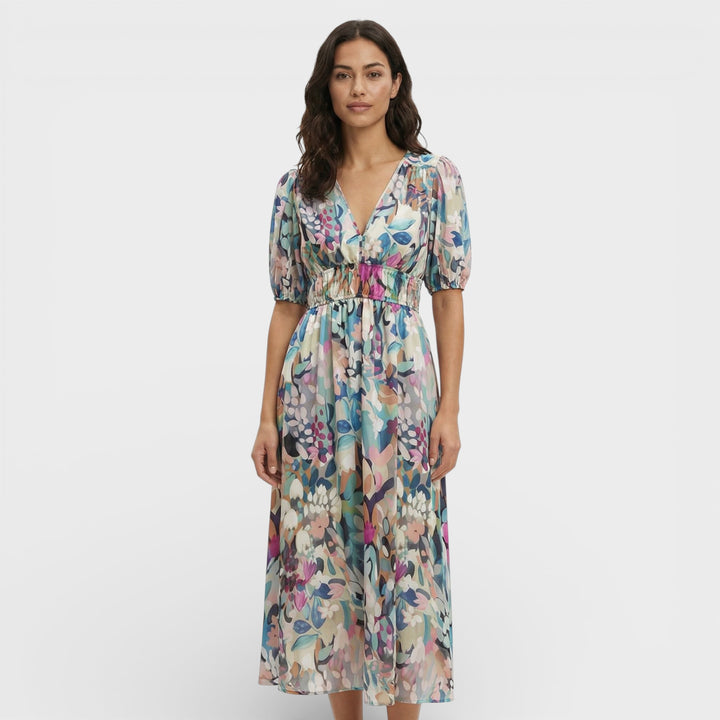 Vestido Midi Floral Mangas Abullonadas