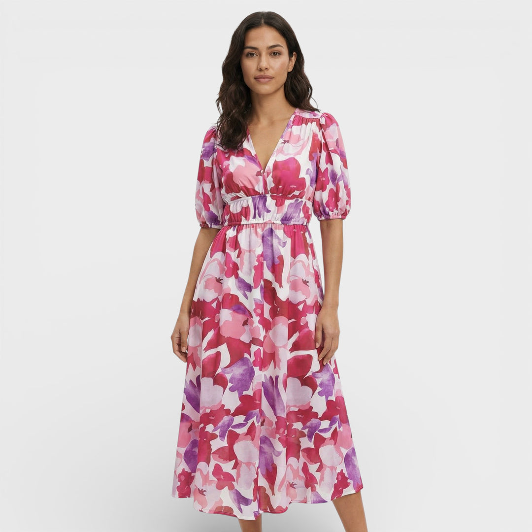 Vestido Midi Floral Mangas Abullonadas