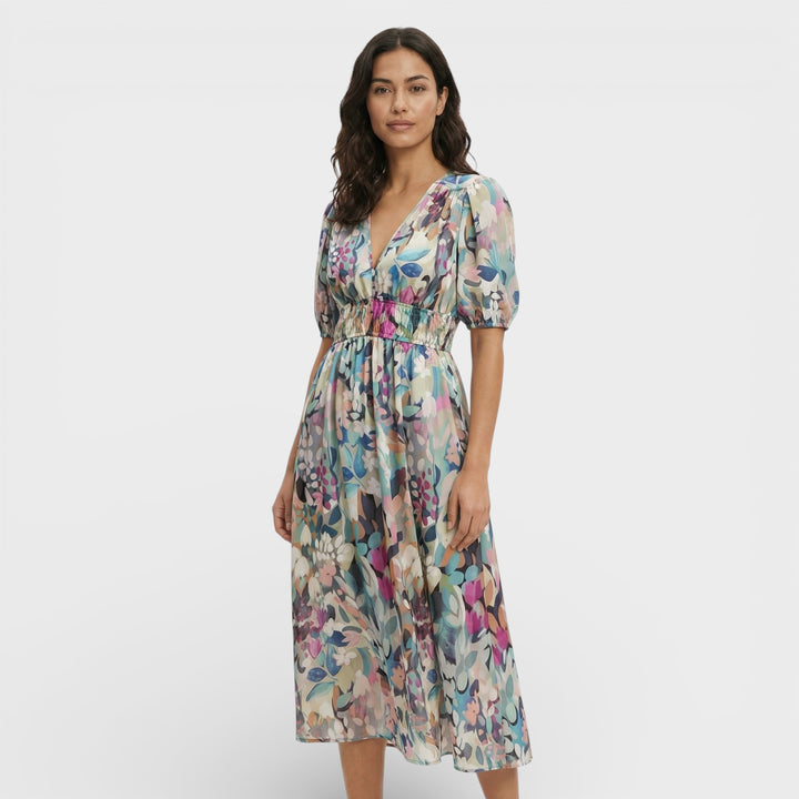 Vestido Midi Floral Mangas Abullonadas