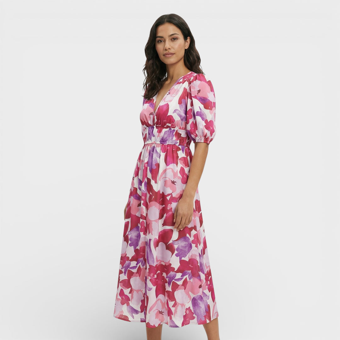Vestido Midi Floral Mangas Abullonadas