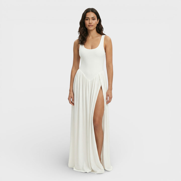 Vestido Largo Drapado Escultural Blanco