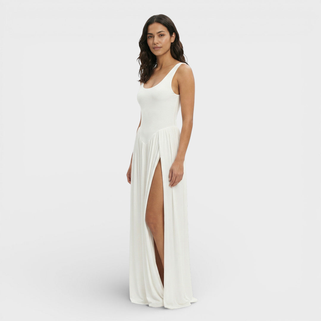 Vestido Largo Drapado Escultural Blanco